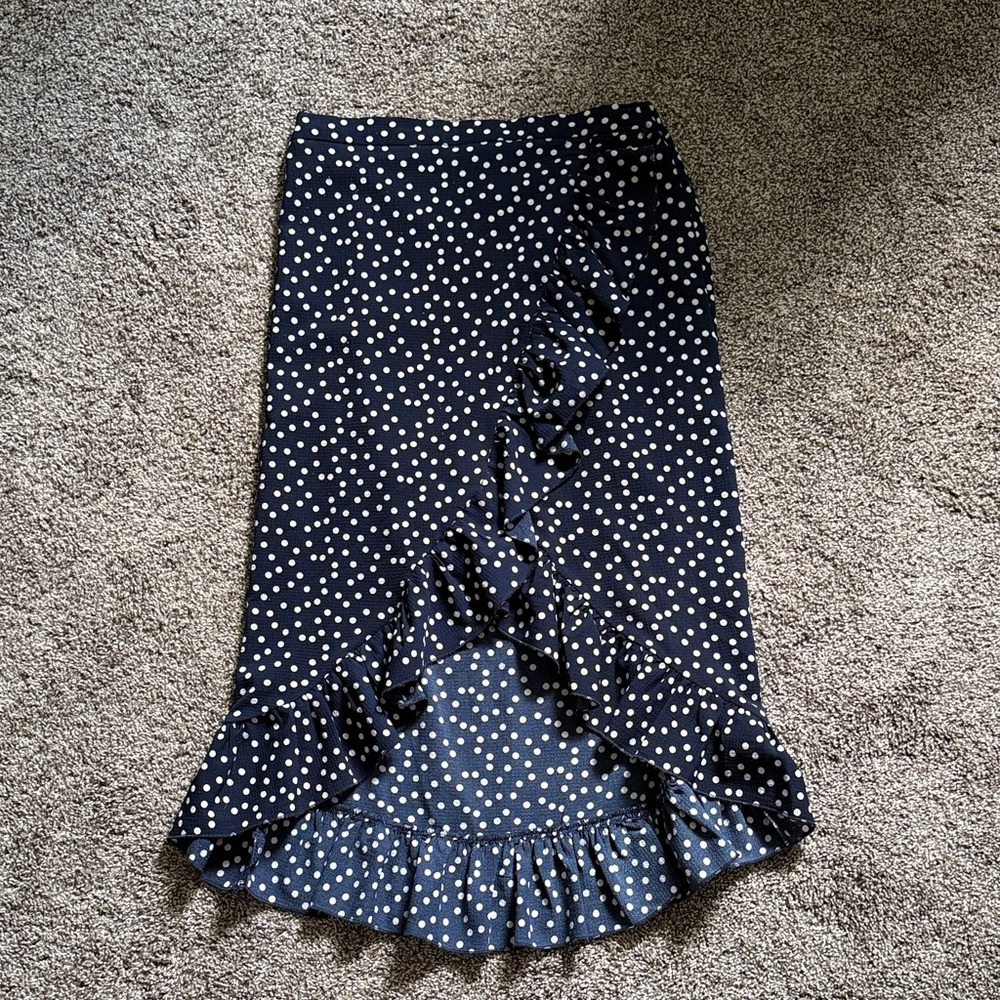 Francesca’s “Blue Rain” navy and white polka dot ruffled midi skirt | Small